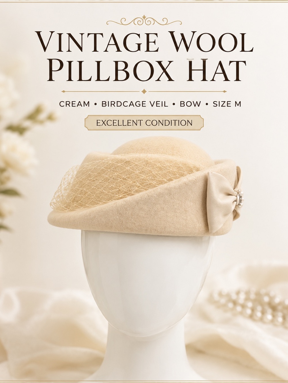 Vintage Style 100% Wool Cream Pillbox Hat with Birdcage Veil & Bow - Size M